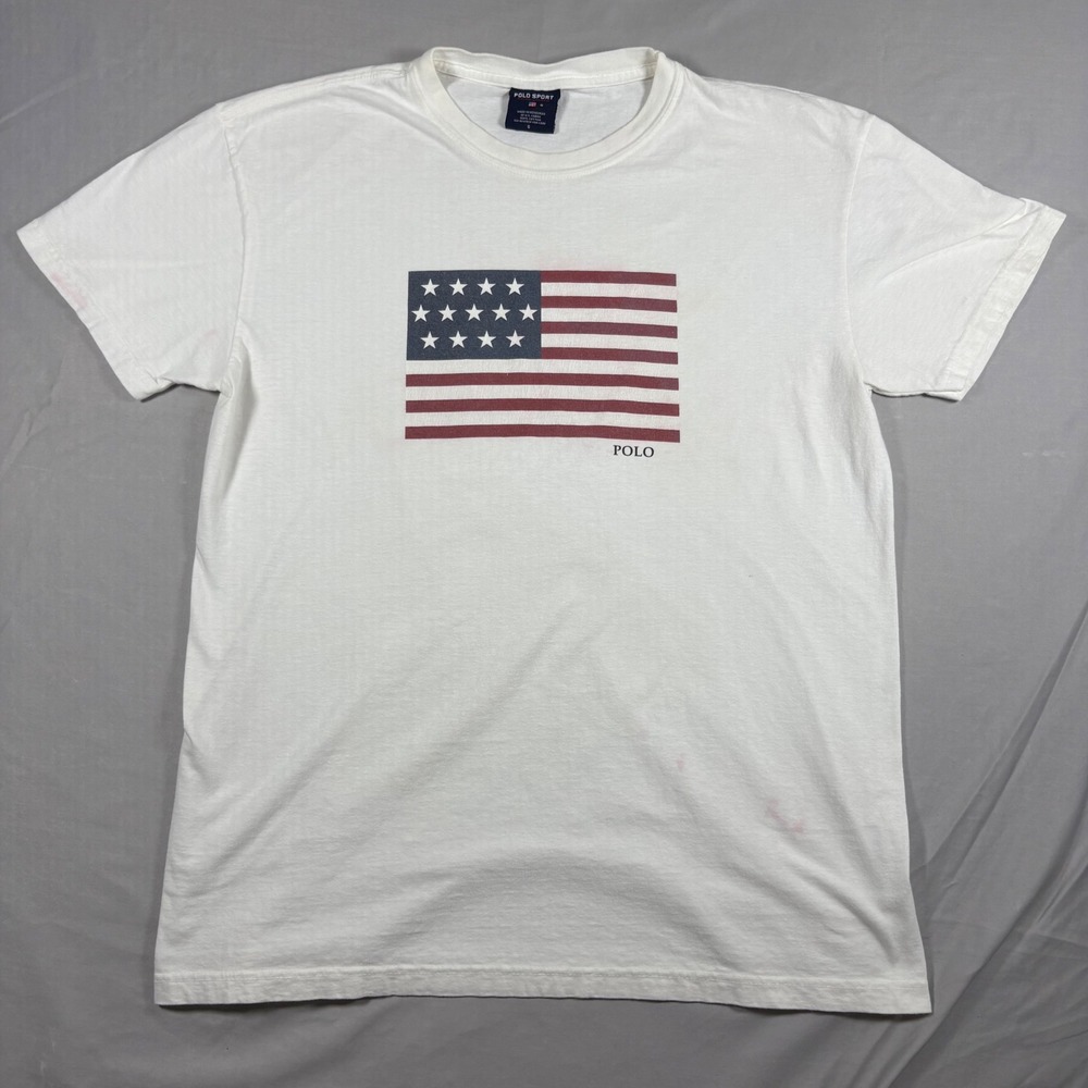 Polo Sport Ralph Lauren American Flag T-Shirt Mens Small White Vintage 90s Tee